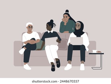 A diverse assembly of young women gathered together on a sofa, engaging in animated discussions about a project they are collaboratively working on