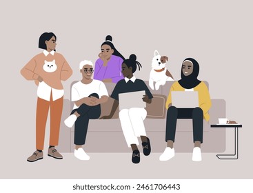 A diverse assembly of young women gathered together on a sofa, engaging in animated discussions about a project they are collaboratively working on