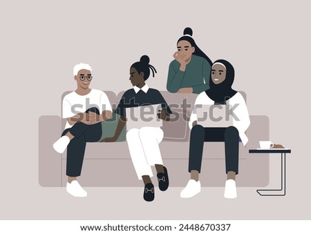 A diverse assembly of young women gathered together on a sofa, engaging in animated discussions about a project they are collaboratively working on