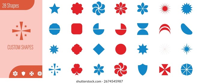 A diverse assortment of abstract geometric shapes and symbols in vibrant red and blue, presented cleanly on a white background for versatile use.