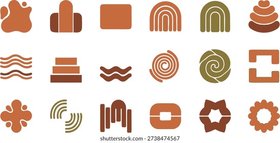 A diverse assortment of abstract organic shapes and geometric icons in earthy brown and green tones isolated on transparent background