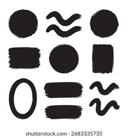 Una variedad diversa de Formas de pinceladas negras, incluyendo círculos, rectángulos, óvalos y líneas onduladas, presentadas sobre un fondo blanco limpio para una aplicación de diseño versátil.