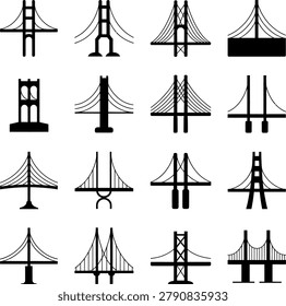 Diverse assortment of bridge icons showcasing various structural designs and engineering styles in monochrome illustration format