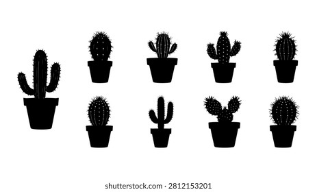 A diverse assortment of cactus plants in small pots, showcasing different shapes, sizes, and textures, ideal for desert or botanical themes.