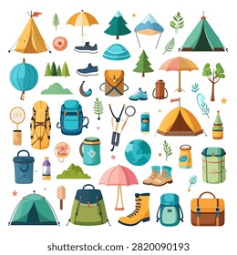 A diverse assortment of camping gear including tents, backpacks, boots, and accessories for outdoor adventures and exploration.
