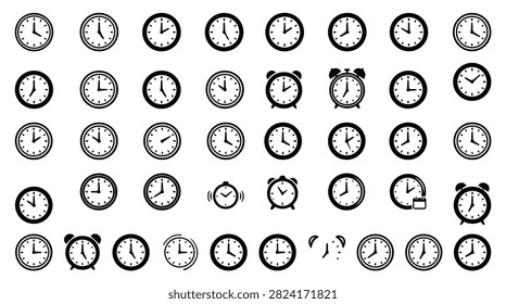 A diverse assortment of clock faces and alarm clocks displayed in a grid pattern.