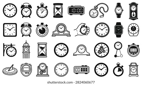 A diverse assortment of clocks including alarm clocks, digital clocks, pocket watches, and hourglasses.
