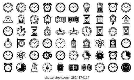 A diverse assortment of clocks including analog digital alarm hourglass sundial and cuckoo clock icons.