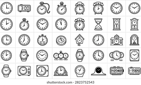 A diverse assortment of clocks and timepieces showcasing different designs and eras of timekeeping technology.
