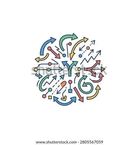 A diverse assortment of colorful arrows and directional graphics arranged in a circular pattern, representing choices and movement.