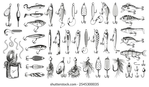 A diverse assortment of fishing lures hooks and baits neatly arranged. The collection showcases different shapes and designs popular among anglers for various fishing techniques.