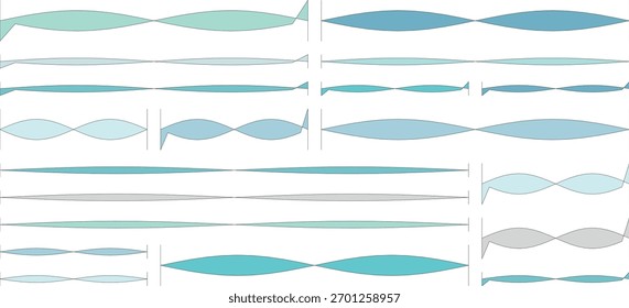 Uma variedade diversificada de elementos gráficos com linhas onduladas e divisores horizontais, apresentados em uma paleta de tons de azul e verde frios em um fundo branco limpo.