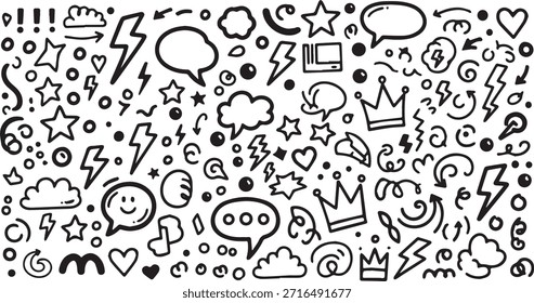 A diverse assortment of hand drawn doodle elements including speech bubbles, stars, lightning bolts, crowns, hearts, and arrows, creating a playful and energetic pattern.