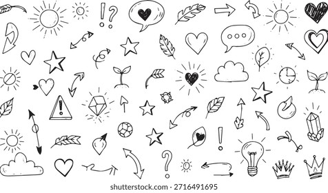 Uma variedade diversificada de elementos de rabiscos desenhados à mão, incluindo setas, corações, estrelas, sóis, nuvens e lâmpadas, perfeito para projetos criativos.