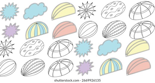 A diverse assortment of hand-drawn, abstract shapes and decorative elements presented in a silhouette style on a transparent background.