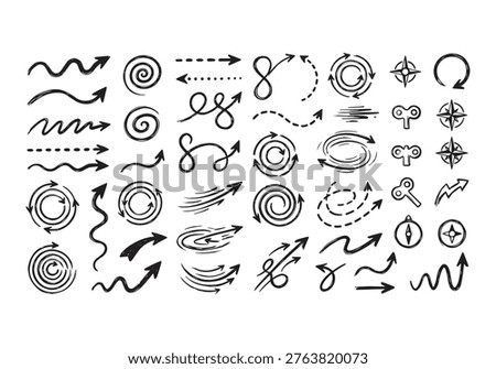 A diverse assortment of hand-drawn arrow icons and directional graphics, featuring various styles such as curved lines, spirals, dashed paths, circular motion indicators, compasses, and vintage wind-up keys, ideal for illustrating movement, guidance, and