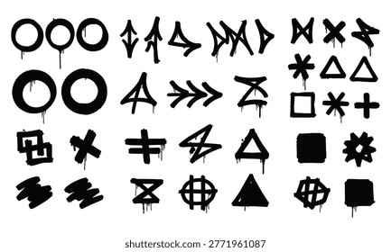 A diverse assortment of hand-drawn, black graffiti symbols, shapes, and arrows, evoking a raw, urban aesthetic and rebellious expression.