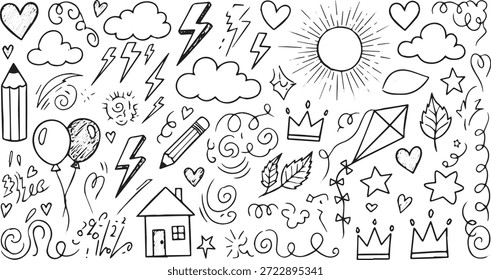 Una variedad diversa de Elementos de doodle dibujados a mano que incluyen nubes, sol, rayos, corazones, estrellas, lápices, globos, coronas, cometas, hojas y una casa, perfecto para diversas aplicaciones de diseño.