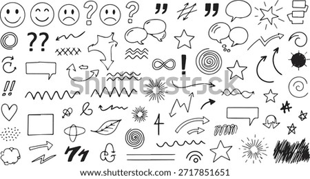 A diverse assortment of hand-drawn doodle elements, including arrows, stars, speech bubbles, question marks, exclamation marks, and various abstract shapes, perfect for design projects.