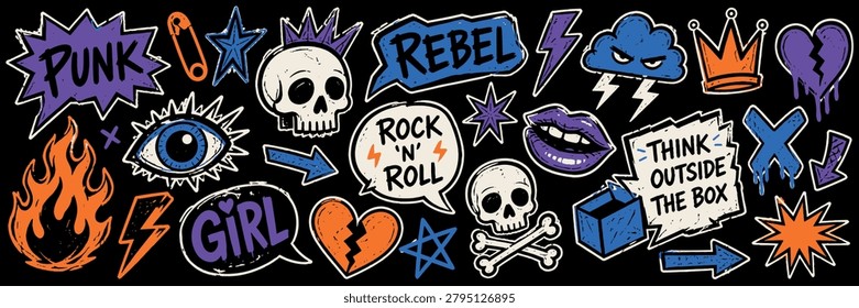 A diverse assortment of hand-drawn stickers featuring punk rock, rebel, and rock 'n' roll themes, including skulls, hearts, and bold typography