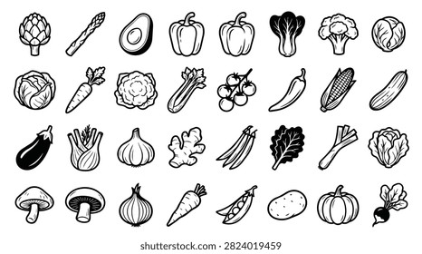 A diverse assortment of hand-drawn vegetable icons arranged in a grid pattern.