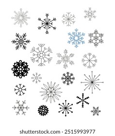A diverse assortment of intricately designed snowflakes featuring various delicate patterns, some in bold black and others in subtle line art.