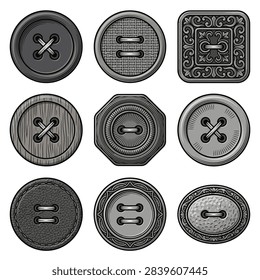 A diverse assortment of nine unique buttons, showcasing various shapes, textures, and decorative elements for sewing projects.