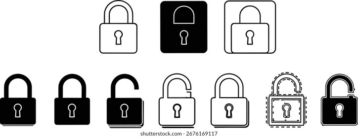 A diverse assortment of padlock icons presented in multiple styles and states, effectively symbolizing concepts of security, protection, and controlled access for digital applications and designs