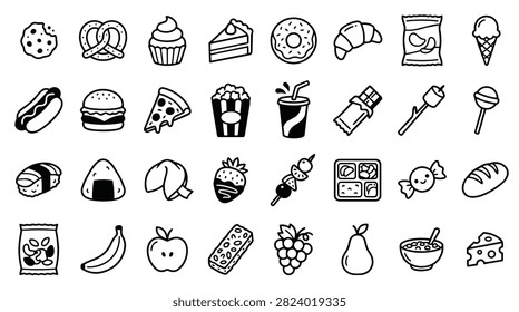 A diverse assortment of simple, hand-drawn icons representing various food items and treats.
