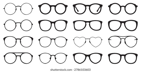 Diverse assortment of spectacle frames featuring circular oval heart and angular shapes for optical store design.