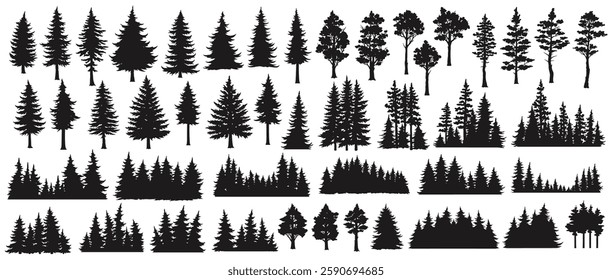 A diverse assortment of tree silhouettes arranged in an appealing pattern. These shapes include different types of coniferous and deciduous trees suitable for design purposes.