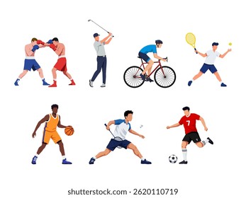 Diversos atletas em ação: boxe, swing de golfe, ciclismo, tênis, drible de basquete, badminton smash e chute de futebol. Ilustração vetorial dinâmica mostrando vários esportes.