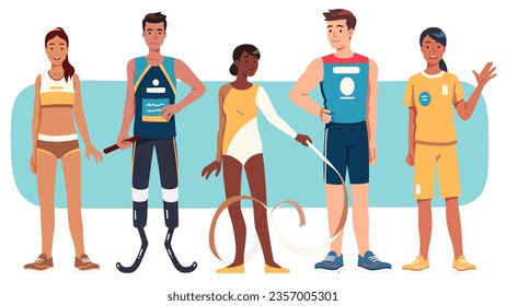 Diverse athletes and gymnasts people standing in row. Runner man with disability, African American woman, Caucasian sporty person. Sports group in sportswear. Sport inclusion flat vector illustration