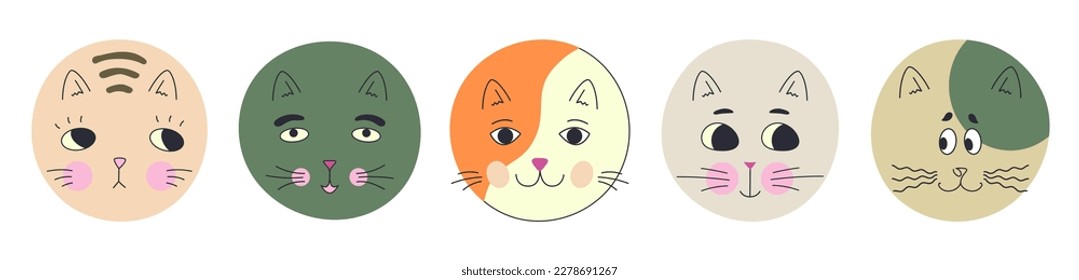 Diverse avatars, black eyes cats. Clipart set, various faces, cat face. Isolated flat cartoon vector 

