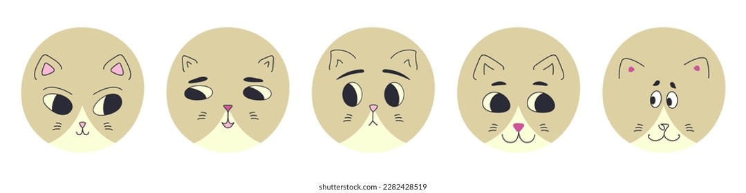 Diverse avatars, black eyes cats. Flat characters, cute stickers, vector cats. Illustration on white background
