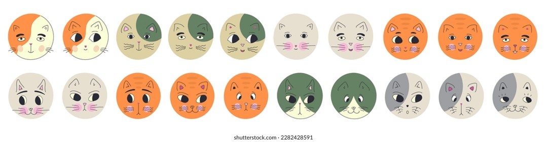 Diverse avatars, black eyes cats. Vector stickers, variety impressions, cartoon funny kitten. Colorful simple figures
