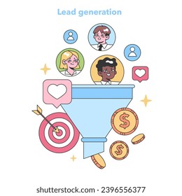 Diverse avatars channeling into a funnel, converting likes and targets to revenue, embodying the lead generation process. Flat vector illustration
