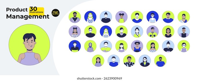 Diverse avatars in circular frames cartoon flat illustrations mega bundle. Multicultural people with varied hairstyles, expressions 2D images isolated on white. Collection vector drawings colorful