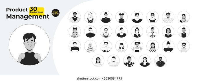 Diverse avatars in circular frames outline illustrations mega bundle. Multicultural people with varied hairstyles, expressions 2D linear images isolated. Collection black and white vector drawings
