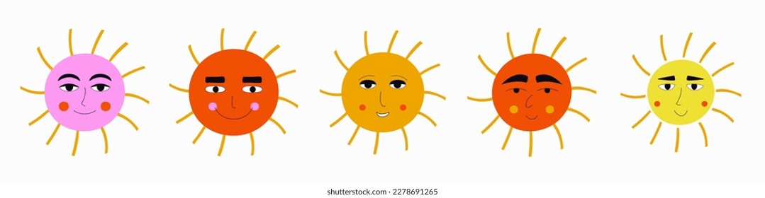 Diverse avatars, glad suns. Clipart set, various faces, cute smiling face. Isolated flat cartoon vector 
