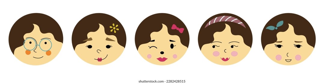 Diverse avatars, nice girlish faces. Flat characters, cute stickers, vector girlish faces. Illustration on white background
