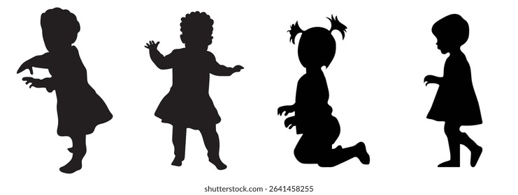 Diverse Baby Silhouette Set Showing Crawling Sitting And Standing On White Background Ideal For Design Projects.