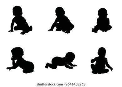 Diverse Baby Silhouette Set Showing Crawling Sitting And Standing On White Background Ideal For Design Projects.