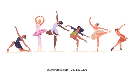 Diversas bailarinas que muestran movimientos de baile elegantes y poses elegantes, representan estilos y expresiones únicas