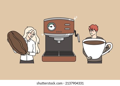 Diverse baristas make coffee in modern machine. Happy people prepare hot beverage espresso or cappuccino from fresh brewed beans. Coffeeshop concept. Vector illustration. 