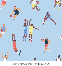 Diverse basketball player men athlete team seamless pattern. Colorful retro style basket ball game male players print illustration. Includes slam dunk, jump pose background.