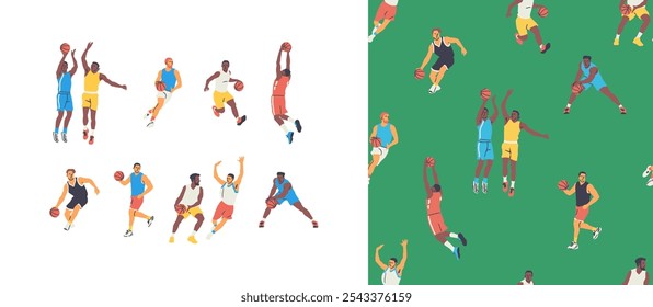 Diverse basketball player men athlete team seamless pattern set. Colorful retro style basket ball game male players print illustration. Includes slam dunk, jump pose background.