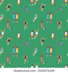 Diverse basketball player men athlete team seamless pattern. Colorful retro style basket ball game male players print illustration. Includes slam dunk, jump pose background.