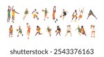 Diverse basketball player people team set. Colorful retro style athlete group playing game on isolated background. Men and women basket ball character collection, sport illustration. 