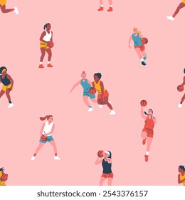 Diverse basketball player woman athlete team seamless pattern. Colorful retro style basket ball game female players print illustration. Includes slam dunk, jump pose women background.